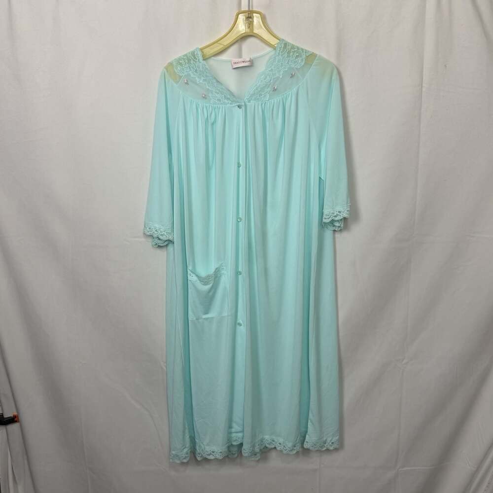 Shadowline Vintage Blue Nylon Housecoat Duster Peignoir Robe Sz Large